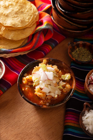 Pozole. Traditional mexican soup very popular in mexico and neighboring countries. Made from cacahuazintle corn with meat and other ingredients depending on the region.の写真素材