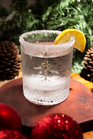 Snow Globe Cocktail. Christmas drink, creative festive beverage in drink glass decorated with rosemary sprig like a Christmas pine tree and citrus slice.の写真素材