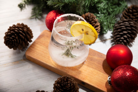 Snow Globe Cocktail. Christmas drink, creative festive beverage in drink glass decorated with rosemary sprig like a Christmas pine tree and citrus slice.の写真素材