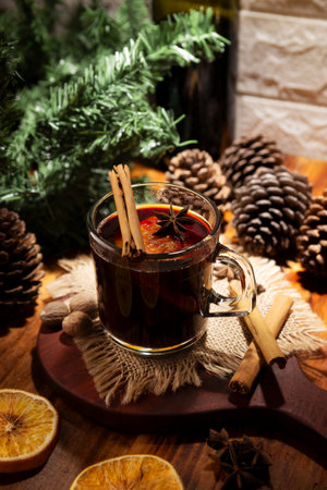 Spiced wine or Christmas mulled wine with orange, cinnamon, star anise, clove, nutmeg and other ingredients on a wooden rustic table. Traditional hot drink at winter time and Christmas holidays.の写真素材