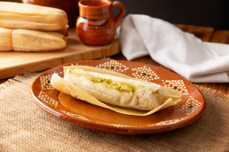 Tamales. hispanic dish typical of Mexico and some Latin American countries. Corn dough wrapped in corn leaves. The tamales are steamed.の写真素材