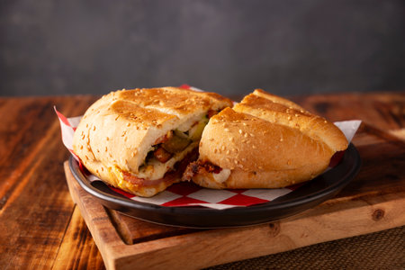 Mexican Cake. Sandwich made with common bread in Mexico, it can be telera, bolillo or bagette, split in half and filled with various ingredients, in this case spicy pork leg with Oaxaca cheese.の写真素材