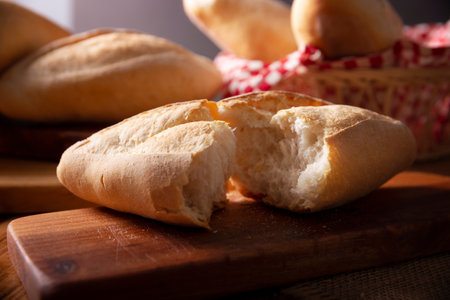 Bolillo bread. Traditional mexican bakery. White bread also called French bread commonly used to accompany food and to prepare Mexican sandwiches called Tortas.の写真素材