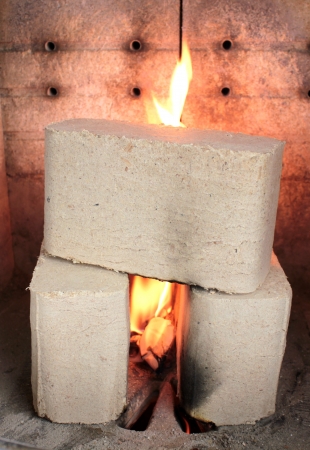 Wood briquettes burning in stoveの写真素材