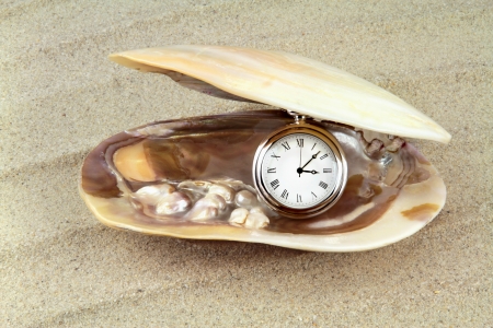Pocket watch in a sea shell with real pearls  の写真素材