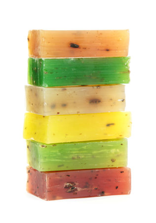 Colorful natural herbal soaps isolated on white background.の写真素材