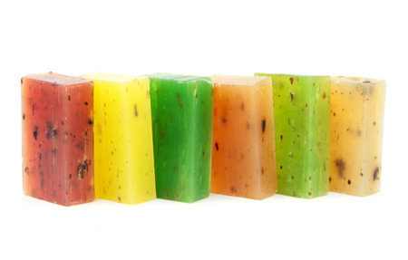 Colorful natural herbal soaps isolated on white background.の写真素材