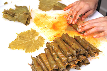 Turkish cuisine. Homemade Sarma - Rice wrapped in grape leavesの写真素材
