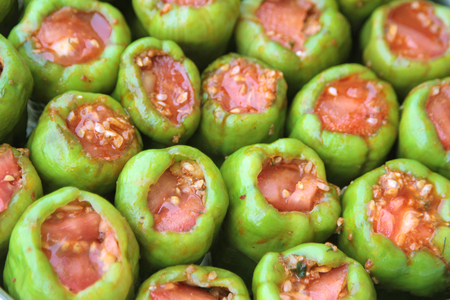 Turkish cuisine.  Dolma . Ground beef and rice stuffed peppersの写真素材