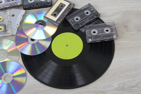 Retro, vinyl record disc, audio cassette and cdの写真素材