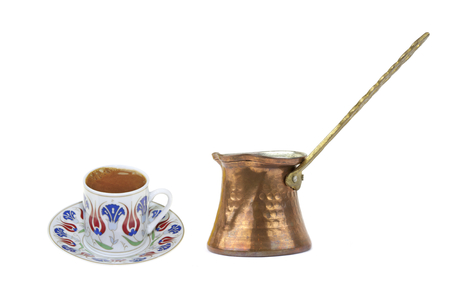 Turkish coffee with traditional ottomans motif cup and copper coffe potの写真素材
