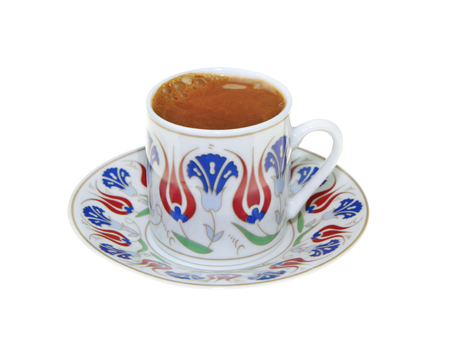 Turkish coffee with traditional ottomans motif cup, isolated on white backgroundの写真素材