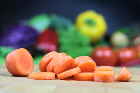 Chopped carrot on a chopping boardの写真素材