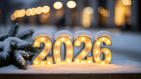 Happy New Year 2026 winter scene with glowing marquee numbers in snow and bokeh lightsの素材