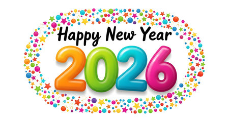 Happy New Year 2026 greeting with colorful 3D numbers and confetti stars on white backgroundの素材