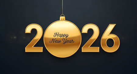 Happy New Year 2026 with golden numbers and hanging Christmas ball on dark elegant backgroundの素材