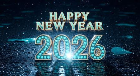 Happy New Year 2026 teal glowing marquee numbers on wet night street with reflectionsの素材