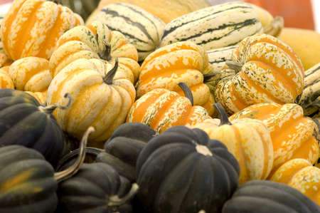 Piles of squash at the market, orange carnivals are in focus.
