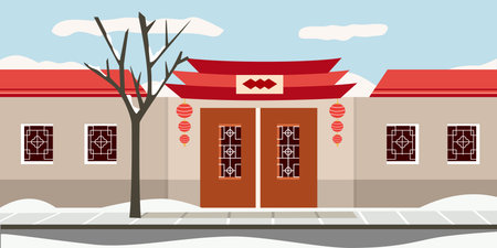 Chinese temple in winter. Vector illustration in flat style. Chinese temple in winter.のイラスト素材