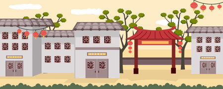 Chinese traditional buildings in the ancient city. Vector illustration in flat styleのイラスト素材