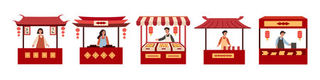 Vector set of Asian street food kiosk with Asian people. Street food stall with Asian people in traditional clothes.のイラスト素材