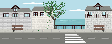Coastal Town Street Scene with Buildings and Sea. Seaside Street with Coastal Houses. Oceanfront Road with Houses. Oceanfront Road with Houses.のイラスト素材