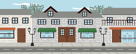 Illustration of a street in the city. Vector illustration in flat style.のイラスト素材