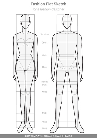 Body template Fashion FLAT SKETCHES technical drawings FEMALE & MALE 8 HEADSのイラスト素材