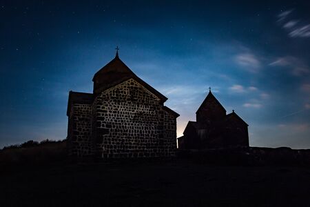 Night shot of Sevanavank Monastery on Lake Sevan, Armenia