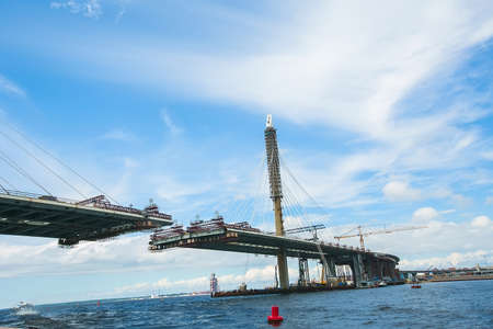 The partially finished cable-stayed bridgeの写真素材