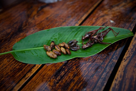 fried grasshopper or belalang goreng is traditional food from southeast asia, served with sambal,...
