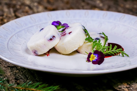 Three pieces of a white dessert with berries on a patterned white plate, decorated with red sauce, a violet flower, and a green garnish. A blurry bark and green needles background. Top View.の写真素材