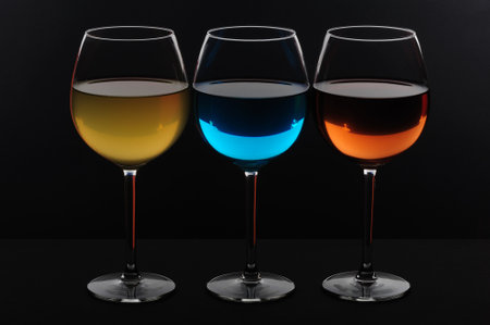 Three glasses of wine on a black background. Alcoholic beverages.の写真素材