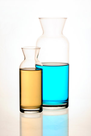 Laboratory glassware with blue and yellow liquid on a white backgroundの写真素材
