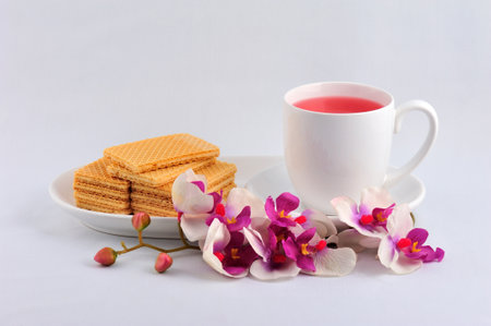 Cup of herbal tea with cookies and orchid flowers on white backgroundの写真素材