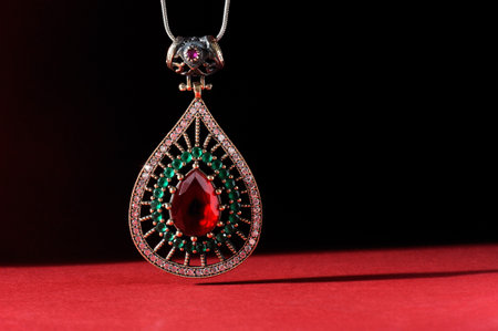 Jewelry pendant on a red background with copy space.の写真素材