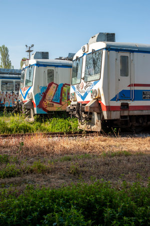 trains in old and disused trains junkyard in haydarpasha train station open area in istanbulの写真素材