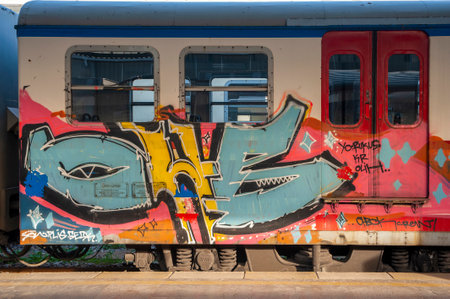 Colorful graffiti on a old train wagon in Istanbul.の写真素材