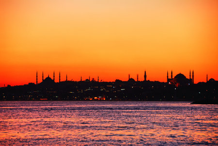 Beautiful sunset over the city of Istanbul, Turkey. Silhouette of the mosqueの写真素材