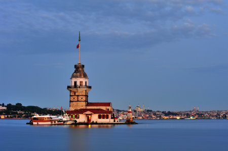 Maiden's Tower in Istanbul, Turkey at dusk. Famous landmark.の写真素材