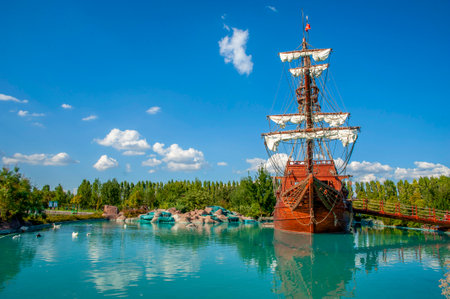 Old wooden ship in the middle of the lake.の写真素材