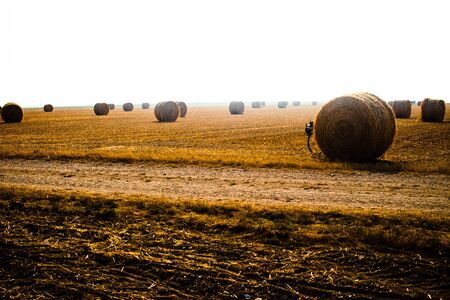 Touring bike hidden by a hay ball in a big orangee-colored fieldの写真素材
