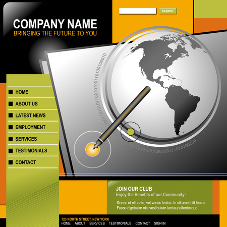 An internet web design template for your business. There is a globe of the Earth with a pen pointing to a circle. The color scheme is orange, green and black. There are buttons and navigation menu's too.のイラスト素材