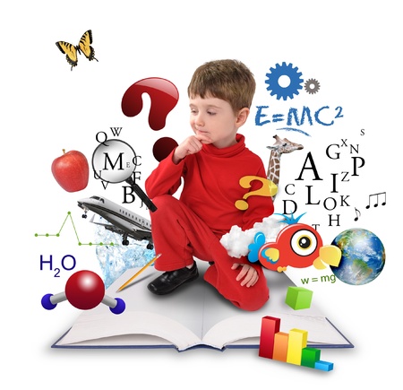 A young boy is sitting on a big with different science, math and physics icons around him on a white background Use it for a school or learning concept A young boy is sitting on a big with different science, math and physics icons around him on a white background Use it for a school or learning concept