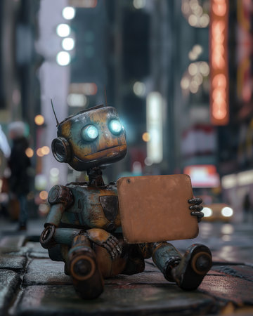 A sad robot is sitting on a street holding a blank cardboard sign for for a out of work employment concept or website update or maintenance concept about technology and the future.の写真素材