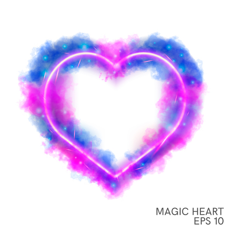Watercolor magic flaming heart with neon contour  isolated on white background. Watercolor fog painting, illustration design.のイラスト素材