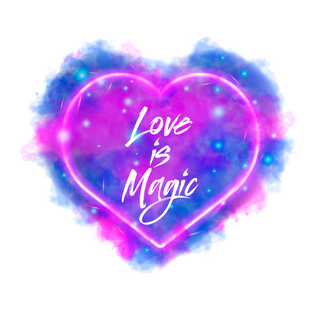 Love is magic. Watercolor magic flaming heart with neon contour  isolated on white background. Watercolor painting, illustration design.のイラスト素材