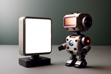 Ð¡ute realistic robot holds a phone in his hands and shows it to the viewerの素材