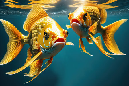 Two goldfish underwater, the light shimmers and plays underwater, realistic 3d illustration.の素材