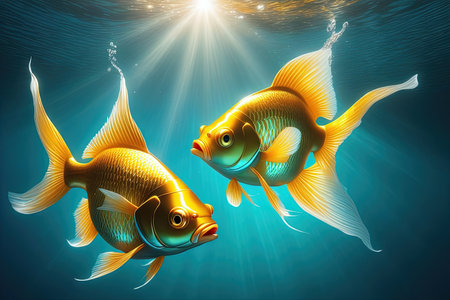 Two goldfish underwater, the light shimmers and plays underwater, realistic 3d illustration.の素材